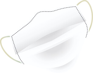 Flat face mask with pleats and elastic loops is floating on transparent backdrop, copy space