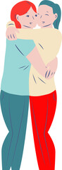 Couple is embracing in flat vector illustration featuring red-teal outfits, transparent background