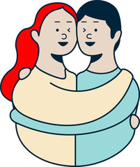 Flat-style illustration showing couple embracing with solid colors on transparent background