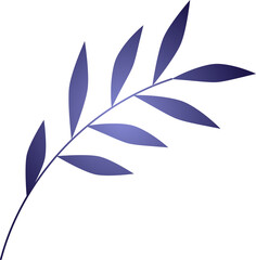 Flat vector botanical branch is arching on transparent, showcasing purple-blue gradient leaves