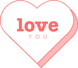 Flat design heart is floating on transparent background, coral outline, pink shadow, love and YOU