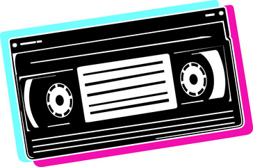 Showing pop-art black-and-white cassette, casting cyan magenta shadows on transparent canvas