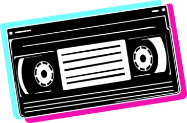 Photo sur Plexiglas Showing pop-art black-and-white cassette, casting cyan magenta shadows on transparent canvas