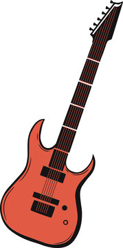 Stylized six-string electric guitar is floating on transparent background in flat design style