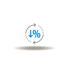 Vector illustration of percent with arrow down and round arrows. Symbol of cost control.