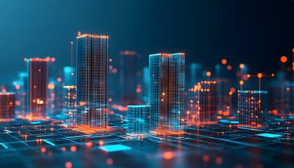 Digital cityscape with glowing skyscrapers.