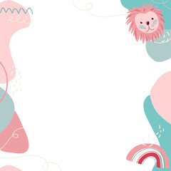 Flat design border is featuring pastel blobs, doodles, lion head, rainbow, transparent, copy space