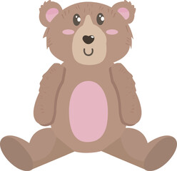 Flat design plush teddy bear is sitting on transparent background, featuring rosy cheeks