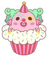 Cupcake clown is wearing party hat, star eyepatch in flat design on transparent background