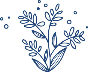 Stylized botanical sprig is showing slender stems, leaves and dot accents on transparent background