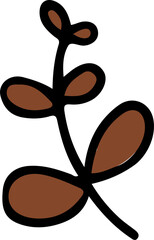 Stylized plant sprig is floating in flat design on transparent background showing brown oval leaves