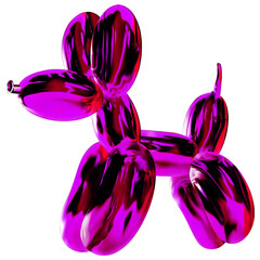 Reflective metallic balloon dog is floating on transparent background, shining pink-purple segments