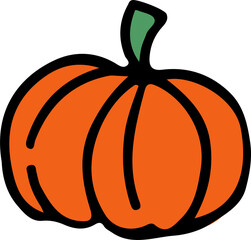 Obraz premium Orange cartoon pumpkin is showing flat vertical ridges and green stem on transparent background