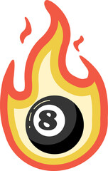 Flaming billiard 8-ball is glowing with gradient flames in flat design on transparent background