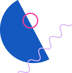 Flat abstract graphic is showing blue wedge pink ring lavender squiggle on transparent background