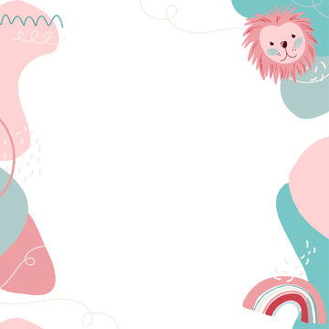 Flat design border is featuring pastel blobs, doodles, lion head, rainbow, transparent, copy space