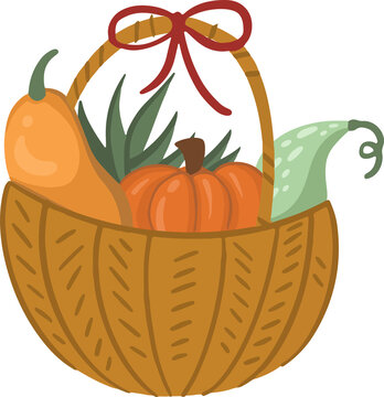 Fototapeta Vector art showing harvest basket tied by red bow holding pumpkin, gourds, transparent background