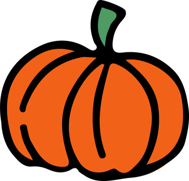 Fototapeta Orange cartoon pumpkin is showing flat vertical ridges and green stem on transparent background