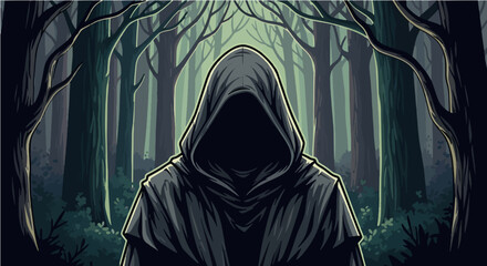 Hooded Figure in Enchanted Forest with Dark Aesthetic
