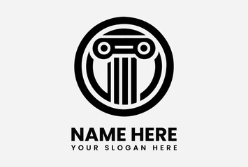 Solid black silhouette of a classic Greek or Roman architectural column within a circular frame, symbolizing strength, stability, and classical design. Law or education concept