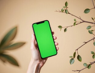 Hand Holding Smartphone with Green Screen on Nature-Inspired Background