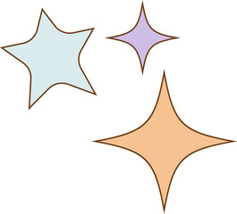 Flat design stars are floating on transparent background with peach blue purple brown outlines