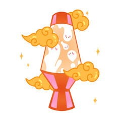 Vector lava lamp is glowing on transparent backdrop with ghost blobs, gold cloud swirls, copy space