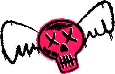 Stylized winged skull is floating in rough graffiti sketch with magenta, transparent background