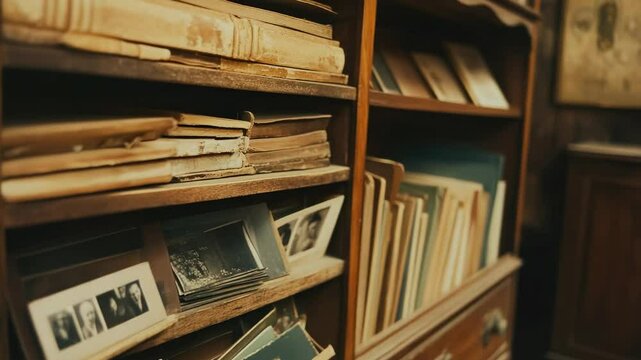Aged wooden shelves filled with antique books and photos