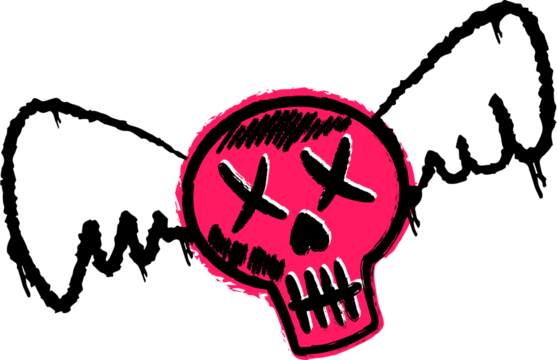 Stylized winged skull is floating in rough graffiti sketch with magenta, transparent background
