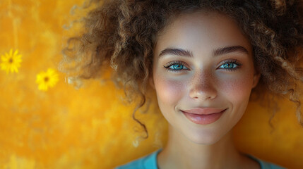 Fototapeta premium Smiling woman with blue eyes on yellow floral background