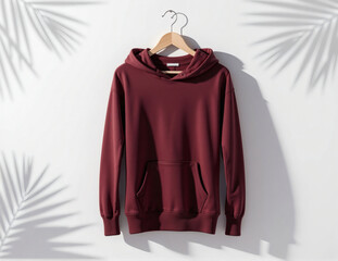 Maroon Hoodie on Wooden Hanger with Tropical Shadow on White Wall
