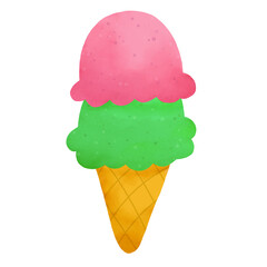 Cartoon two-scoop ice cream in waffle cone showing pink and green scoops, transparent background