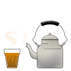Flat design is showing metal kettle and glass tea cup with steam wisps on transparent background