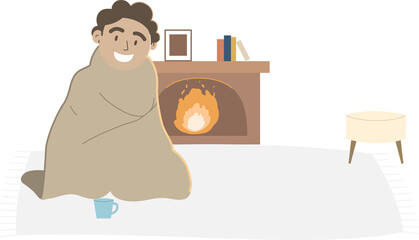 Obraz premium Male figure is sitting in beige blanket by lit fireplace, flat design on transparent background