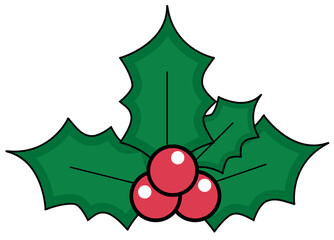 Holly sprig with three glossy red berries is showing in flat decal style, transparent background