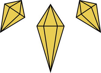 Stylized golden crystals are floating on transparent background, featuring bold outlines and facets