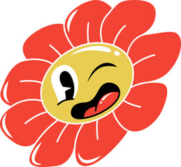 Cartoon flower is showing in flat retro style with red petals, winking face, transparent background