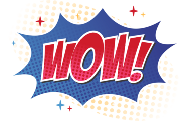 'WOW!' text is popping in comic burst bubble with yellow halftone dots, transparent background