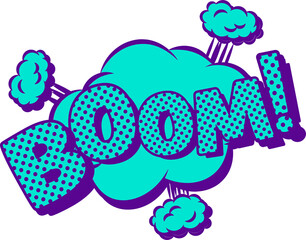 BOOM! exploding in comic design with dotted turquoise purple-outlined text, transparent background