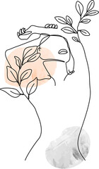 Abstract form is reclining in sketch with branches, peach oval, gray circle, transparent background