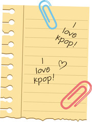 Vector notebook page is floating on transparent background with blue and pink clips, kpop scribbles