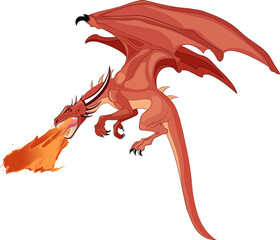 Red dragon is breathing blazing fire, soaring with wide wings in flat design, transparent backdrop