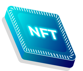Stylized 3D token is displaying glowing NFT on cyan block with border, transparent background