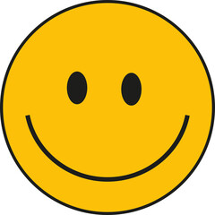 Displaying flat yellow face icon with black oval eyes and smiling mouth on transparent background