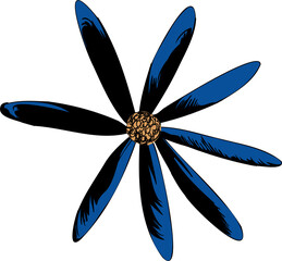 Vector flower showing nine blue or black petals radiating from golden center, transparent background