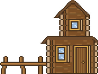 Pixel-art wooden cabin is standing on transparent background with slanted roof dock and door