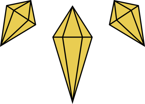 Stylized golden crystals are floating on transparent background, featuring bold outlines and facets - Powered by Adobe