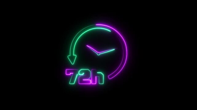 Neon Glowing 72-Hour Clock Icon, Isolated on Transparent black Background with Alpha Channel, HUD Timer Animation, Time Passing Stopwatch, 4K 72 Hours Countdown Loop by Circular Arrow
