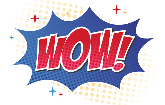 'WOW!' text is popping in comic burst bubble with yellow halftone dots, transparent background